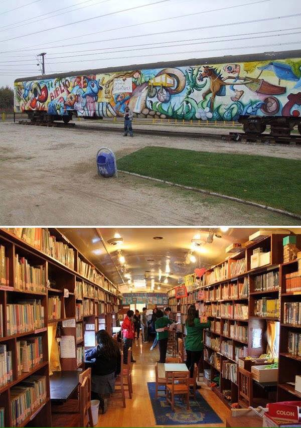 Antiguos vagones de tren reconvertidos en librerías y bibliotecas (Chile)
